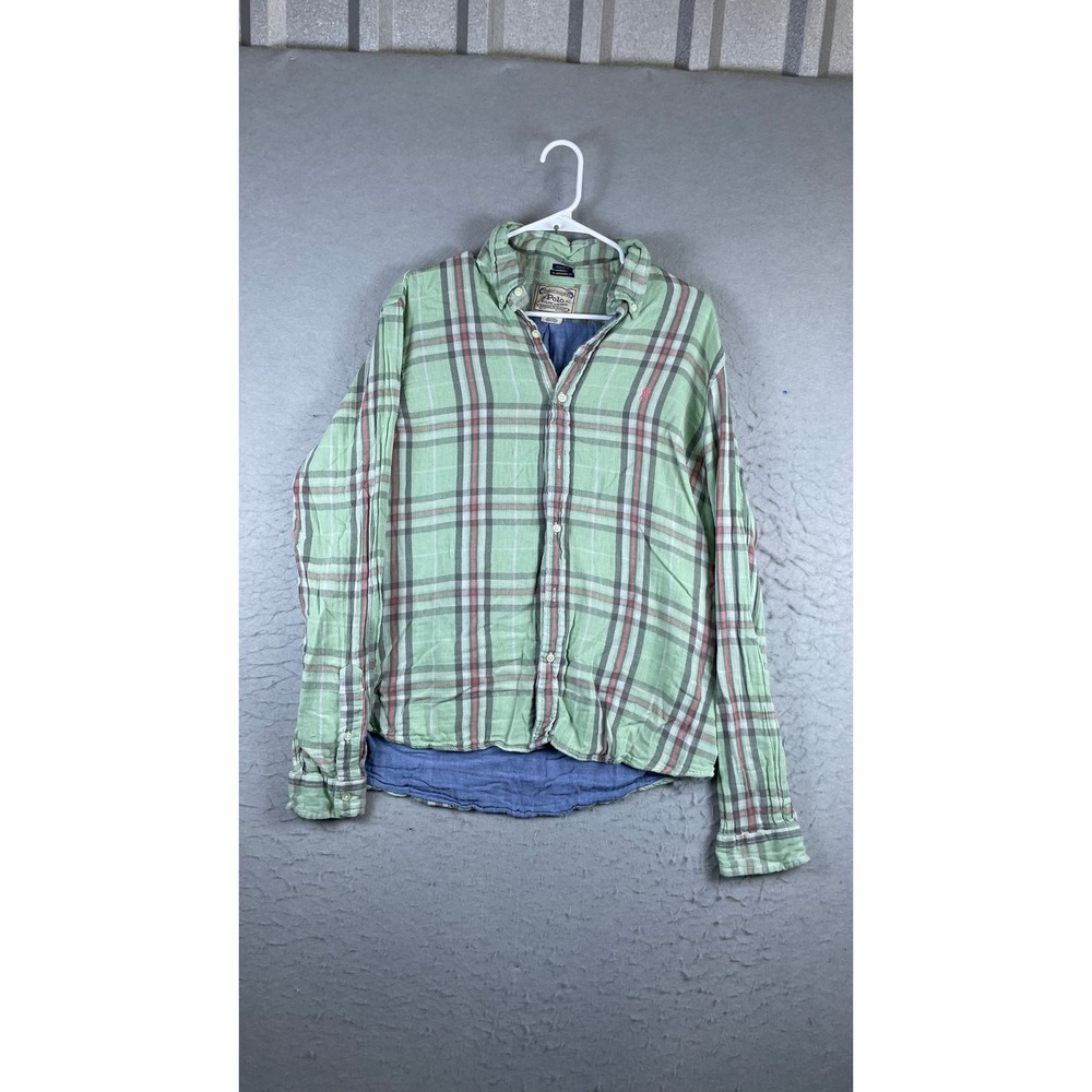 Polo Ralph Lauren Button Down Mens L Green Excellent Plaid Untucked Fit Shirt